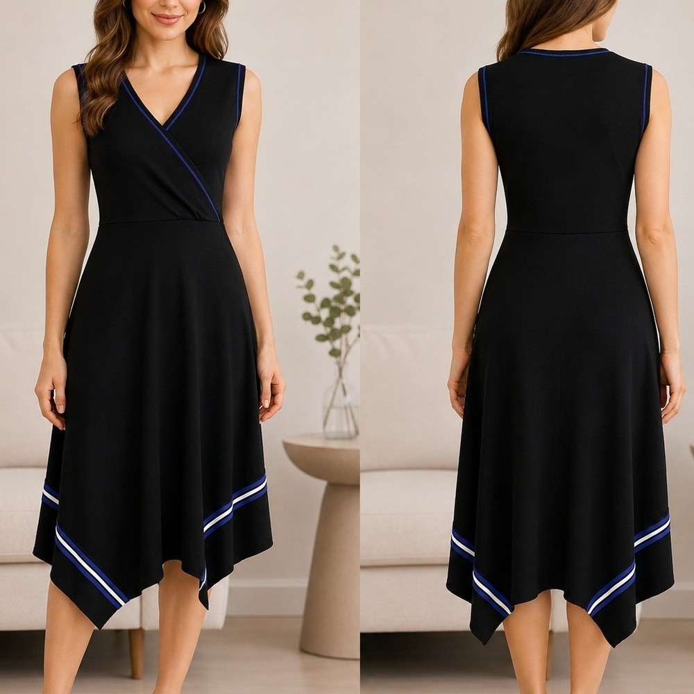 Maeve Anthropologie Dress Small Black Rayon Blend Faux Wrap Fit Flare Stretch